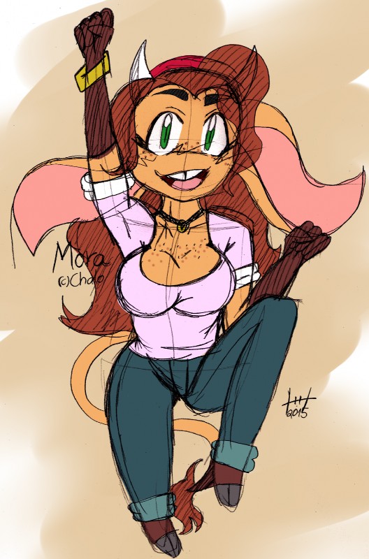 anthro big_breasts breasts brown_body brown_fur brown_hair clothed clothing female fur green_eyes hair horn huge_breasts long_hair looking_at_viewer open_mouth smile solo heroesheaven las_lindas mora_linda bovid bovine cattle mammal 2015 hi_res