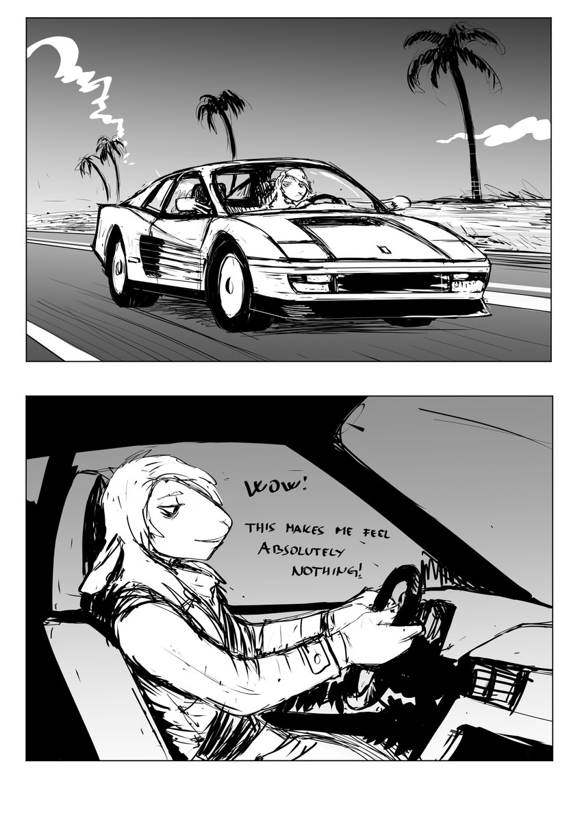 anthro beach car clothed clothing dialogue driving female inside_car outside palm_tree plant road seaside solo text topwear tree vehicle hladilnik ferrari ferrari_testarossa jane_doe_(hladilnik) bovid caprine mammal sheep black_and_white comic english_text greyscale hi_res monochrome