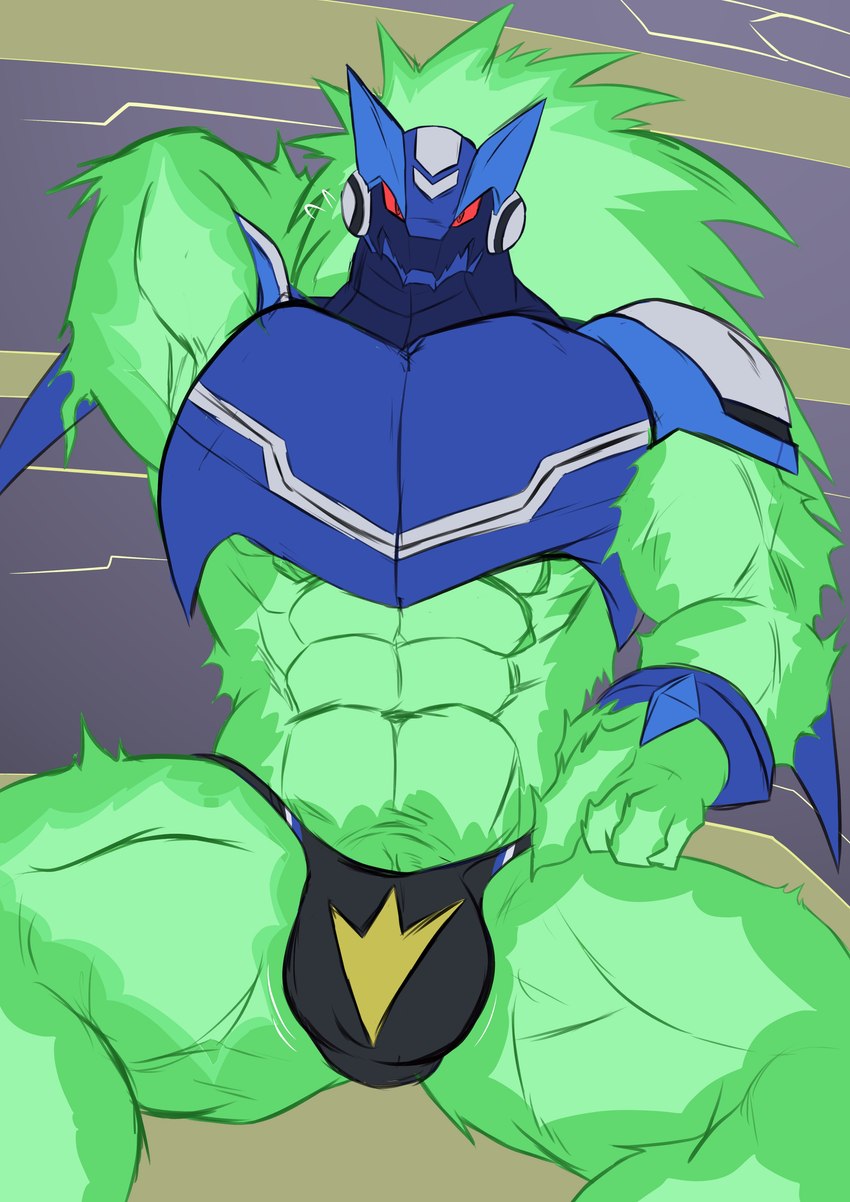 abs anthro armor big_muscles bulge clothing cybernetics detailed_bulge electronics genitals green_body machine male muscular muscular_anthro muscular_male penis penis_base red_eyes solo underwear geryorias capcom mega_man_(series) mega_man_star_force omega-xis alien cyborg em_being absurd_res hi_res