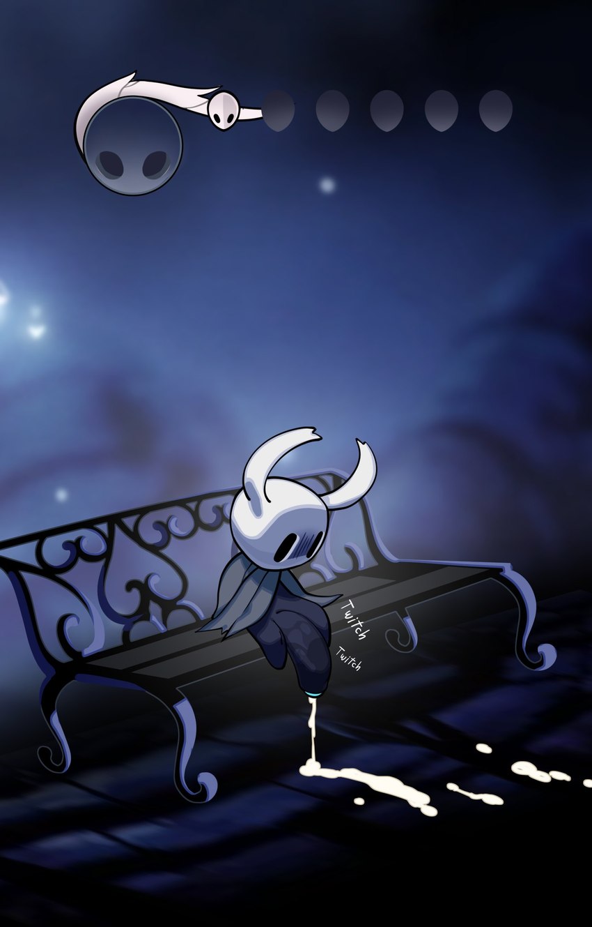 after_sex bench bodily_fluids cape clothing cum cum_drip cum_on_ground dripping empty_eyes flaccid gameplay_mechanics genital_fluids genitals gui health_bar horn looking_down male mouthless onomatopoeia penis sitting small_but_hung solo sound_effects text tired twitching bbo hollow_knight team_cherry the_knight_(hollow_knight) vessel_(species) hi_res