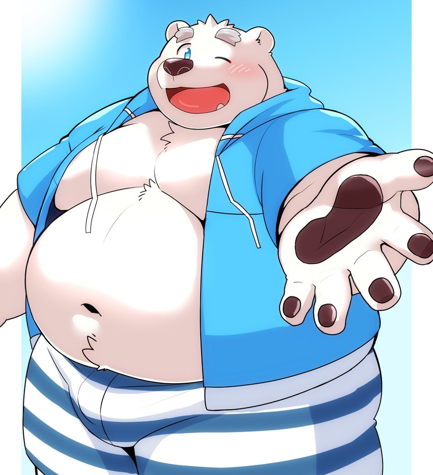 anthro belly big_belly black_nose blue_eyes blush bottomwear bulge clothed clothing hoodie humanoid_hands kemono male moobs navel one_eye_closed open_clothing open_hoodie open_topwear overweight overweight_male shorts simple_background solo topwear wink 12beat13 utau shirane_kan bear mammal polar_bear ursine 2023 hi_res