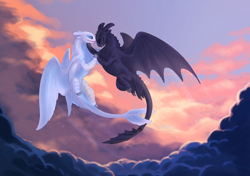 black_body claws day duo feral flying horn membrane_(anatomy) membranous_wings outside sky smile tail tongue tongue_out white_body wings acidapluvia dreamworks european_mythology how_to_train_your_dragon mythology nubless toothless dragon fury_(httyd) light_fury mythological_creature mythological_scalie night_fury scalie western_dragon 2019 digital_media_(artwork)