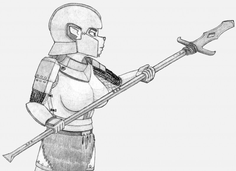 anthro arm_guards armor big_breasts boob_armor breasts chainmail female looking_away melee_weapon plate_armor polearm simple_background solo weapon aarifleman lobar ka_sarra mammal porcupine rodent absurd_res hi_res monochrome