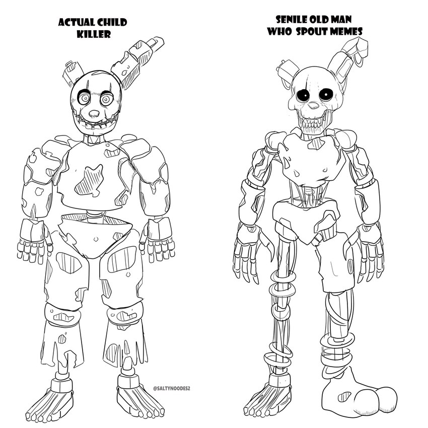 black_sclera duo exposed_endoskeleton exposed_teeth looking_at_viewer machine male simple_background teeth text white_background white_eyes saltynoodles five_nights_at_freddy's five_nights_at_freddy's_3 scottgames burntrap_(fnaf) springtrap_(fnaf) animatronic humanoid lagomorph leporid mammal rabbit robot undead 1:1 2022 digital_media_(artwork) english_text hi_res meme