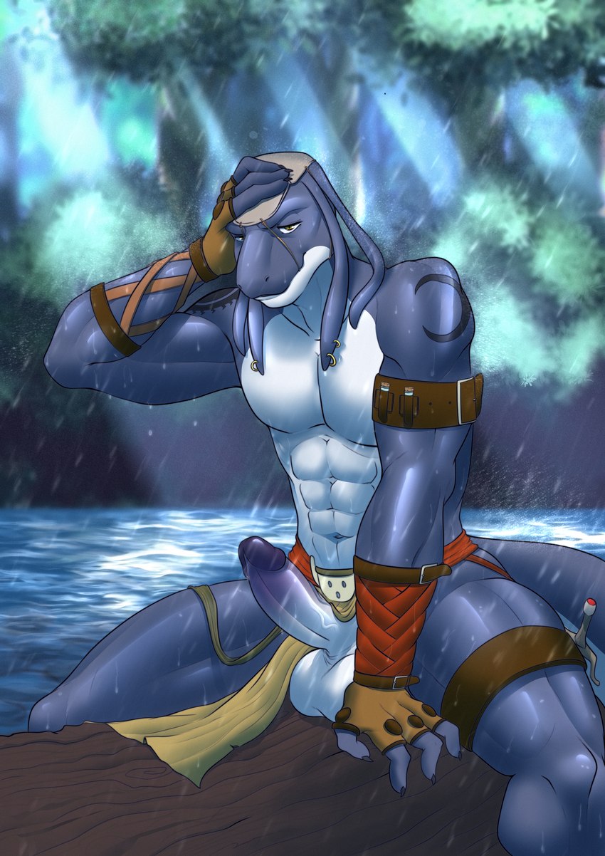 abs anthro balls biceps clothed clothing ear_piercing erection genitals humanoid_genitalia humanoid_penis looking_at_viewer male muscular nude penis piercing raining simple_background smile solo tattoo zanzagen final_fantasy square_enix thrakos bangaa lizard reptile scalie absurd_res digital_media_(artwork) hi_res