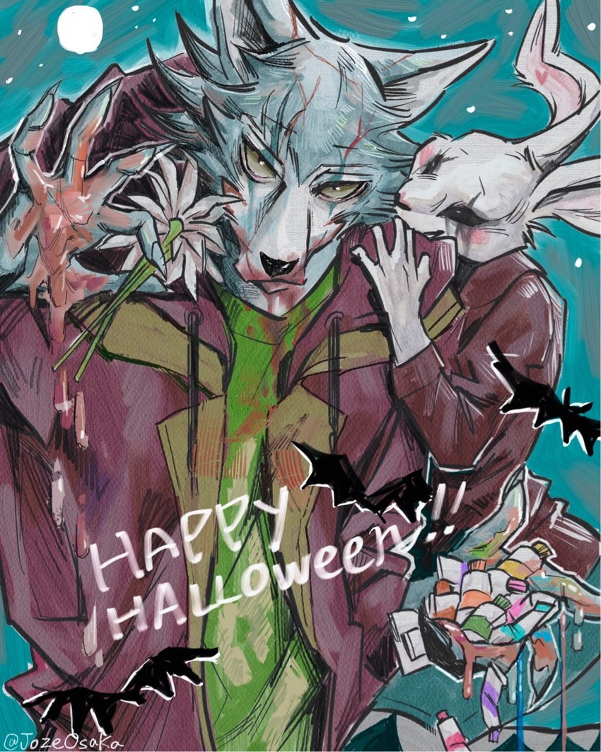 anthro black_nose clothed clothed_anthro clothed_male clothing duo female flower full_moon fur grey_body grey_fur holidays jacket male male/female moon night paint plant text topwear white_body white_fur joze_osaka beastars halloween haru_(beastars) legoshi_(beastars) canid canine canis domestic_rabbit dwarf_rabbit lagomorph leporid mammal oryctolagus rabbit wolf 2024 english_text hi_res