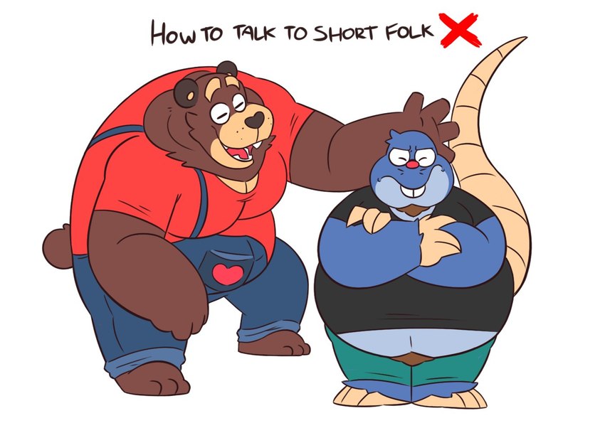 anthro belly blue_body bottomwear brown_body brown_fur clothing duo eyes_closed fur male overalls overweight overweight_male shirt shorts simple_background text topwear leothelionel the_human_heart_(game) cade_maplebottom dylan_ramos bear eulipotyphlan mammal mole_(animal) 2021 english_text meme