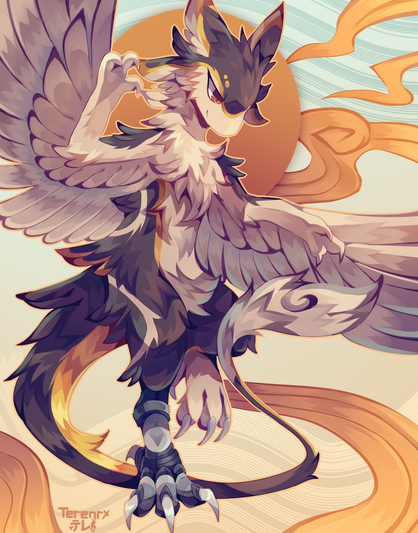 4_ears anthro claws detailed_background feathers feet fluffy fur male multi_ear orange_eyes robotic_leg solo wings terenry coil_(overgrown_lizards) avali avian hi_res