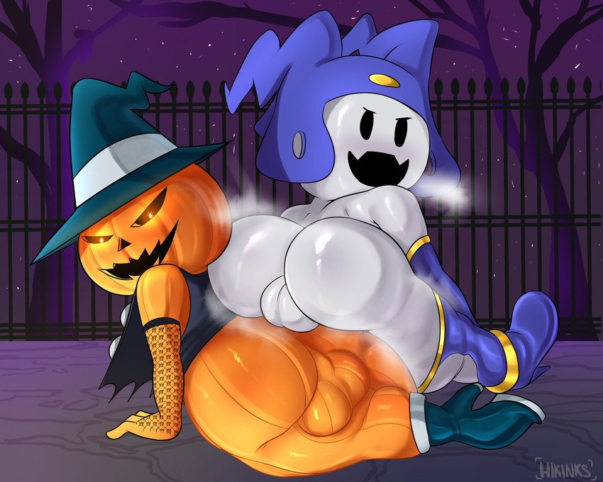 anthro backsack balls big_butt butt clothing duo food footwear fruit genitals hat headgear headwear looking_at_viewer looking_back male mostly_nude open_mouth outside plant pumpkin white_body hikinks atlus megami_tensei sega jack-o'-lantern_(megami_tensei) jack_frost_(megami_tensei) demon elemental_creature flora_fauna humanoid imp 2022 5:4 hi_res