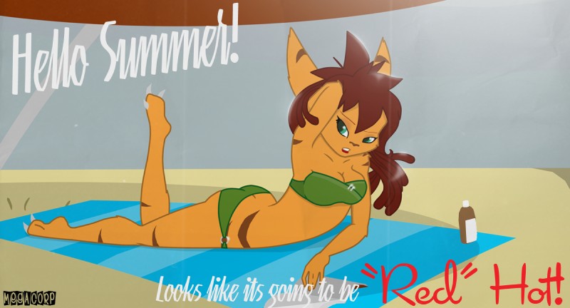 anthro beach bikini biped breasts cleavage clothed clothing dreadlocks female hair lying on_towel outside pose red_hair sand seaside skimpy solo stripes summer sun sunbathing swimwear teal_eyes towel two-piece_swimsuit under_shade eightysix ratchet_and_clank sony_corporation sony_interactive_entertainment red_(eightysix) lombax mammal hi_res pinup