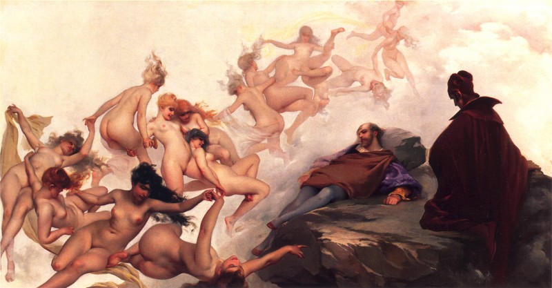 breasts butt cloak clothing cloud female female/female flying group hat headgear headwear horn male not_furry nude slightly_chubby voluptuous_female luis_ricardo_falero goethe's_faust faust mephistopheles demon horned_humanoid human humanoid mammal 1880 19th_century ancient_art formal_art hi_res traditional_media_(artwork)