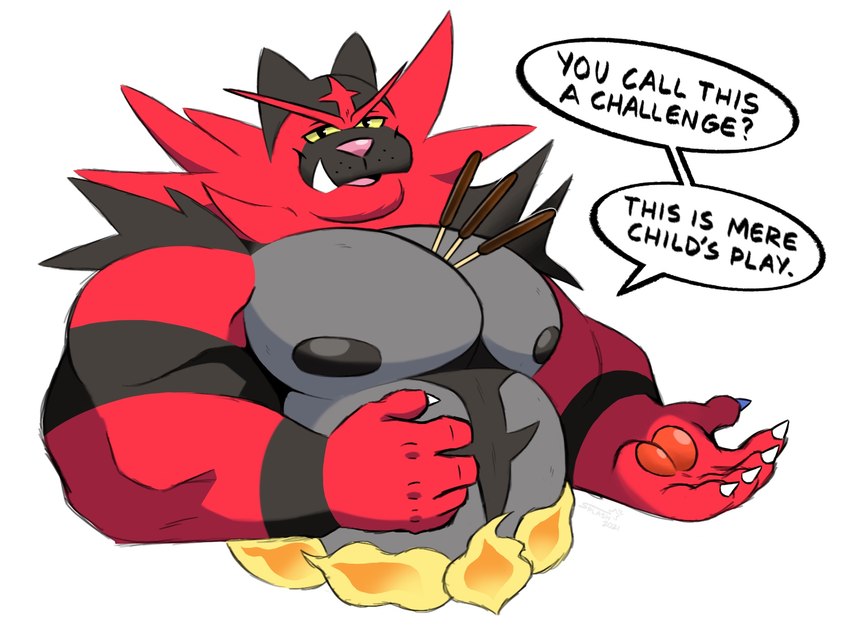 anthro big_muscles big_nipples candy chocolate claws dessert dialogue fire food fur looking_at_viewer male musclegut muscular muscular_anthro muscular_male narrowed_eyes nipples nude pawpads pecs simple_background smile solo talking_to_viewer teeth text tuft white_background splashburr nintendo pocky pocky_and_pretz_day pokemon generation_7_pokemon incineroar pokemon_(species) 2021 english_text hi_res