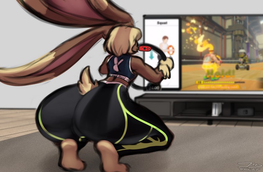 anthro arms_bent bent_legs big_butt bottomwear brown_body brown_fur butt clothing comet_bun controller crouching electronics exercise femboy fur game_console game_controller game_screen hair holding_controller holding_game_controller holding_object joycon_controller legwear long_ears male nintendo_console nintendo_controller pants playstation_console ps4_console ringcon_controller screen screencap short_tail solo spread_knees squats switch_charger tail television thick_thighs tight_clothing tights topwear wii_console workout xbox_console yoga_pants idlepotoo microsoft nintendo nintendo_switch playstation playstation_4 pokemon ring_fit_adventure sony_corporation sony_interactive_entertainment wii xbox xbox_game_studios xbox_series_x xbox_series_x/s cometbun generation_4_pokemon lagomorph lopunny mammal pokemon_(species) hi_res signature