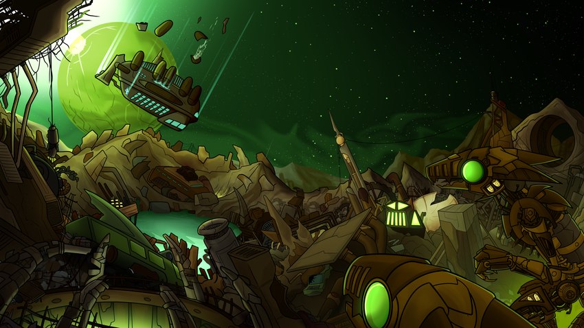 3_fingers ambiguous_gender anthro debris detailed_background duo fingers glowing green_eyes green_sky junkyard light_bulb machine moon pipe pollution scenery scrap sewage sky space spacecraft standing star trash vehicle zeptophidia living_machine 16:9 2020 4k absurd_res hi_res widescreen