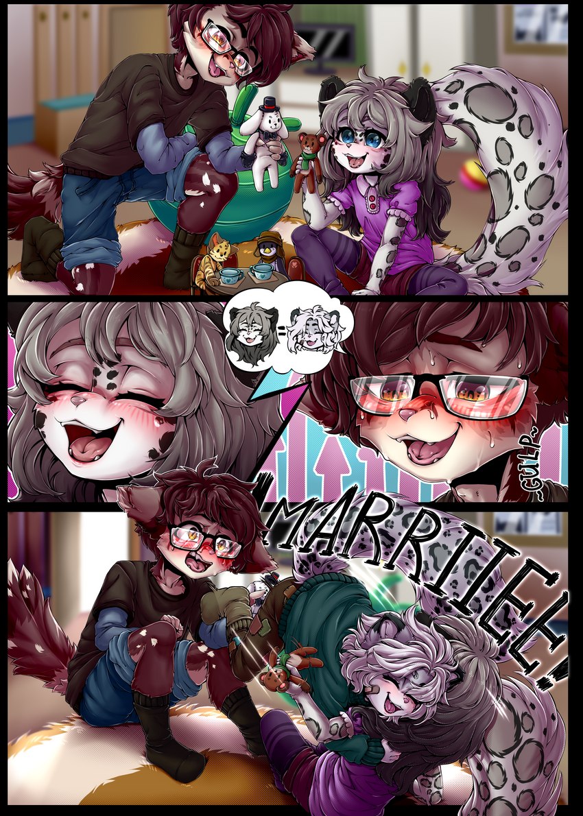 anthro biped blush blush_lines brown_hair clothed clothing duo eyebrows eyes_closed eyewear female female_anthro fur glasses grey_body grey_fur grey_hair group hair male open_mouth open_smile plushie shirt smile tail topwear trio young young_anthro deadnikki canid canine felid fox mammal pantherine snow_leopard absurd_res comic hi_res multiple_scenes