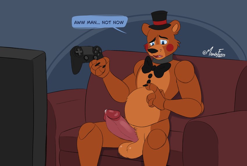 4_fingers abstract_background anthro balls belly big_balls big_penis blue_eyes bodily_fluids bow_tie brown_body brown_fur claws clothing controller dialogue erection finger_claws fingers fur furniture game_controller gaming genital_fluids genitals hat headgear headwear machine male multicolored_body multicolored_fur nude nude_anthro nude_male on_sofa open_mouth overweight overweight_anthro overweight_male penis playing_video_game precum rosy_cheeks segmented_arms segmented_body segmented_legs sitting sitting_on_sofa sofa solo tan_body tan_fur text top_hat two_tone_body two_tone_fur mandyfoxy five_nights_at_freddy's five_nights_at_freddy's_2 scottgames toy_freddy_(fnaf) animatronic bear mammal robot 2025 artist_name digital_drawing_(artwork) digital_media_(artwork) english_text hi_res signature