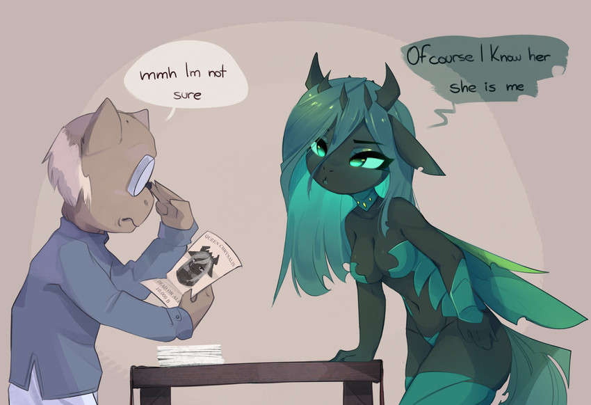 anthro black_body breasts cleavage clothed clothing duo eyewear female furniture glasses green_hair hair insect_wings male poor simple_background table wanted_poster wings magnaluna friendship_is_magic hasbro my_little_pony queen_chrysalis_(mlp) arthropod changeling absurd_res hi_res