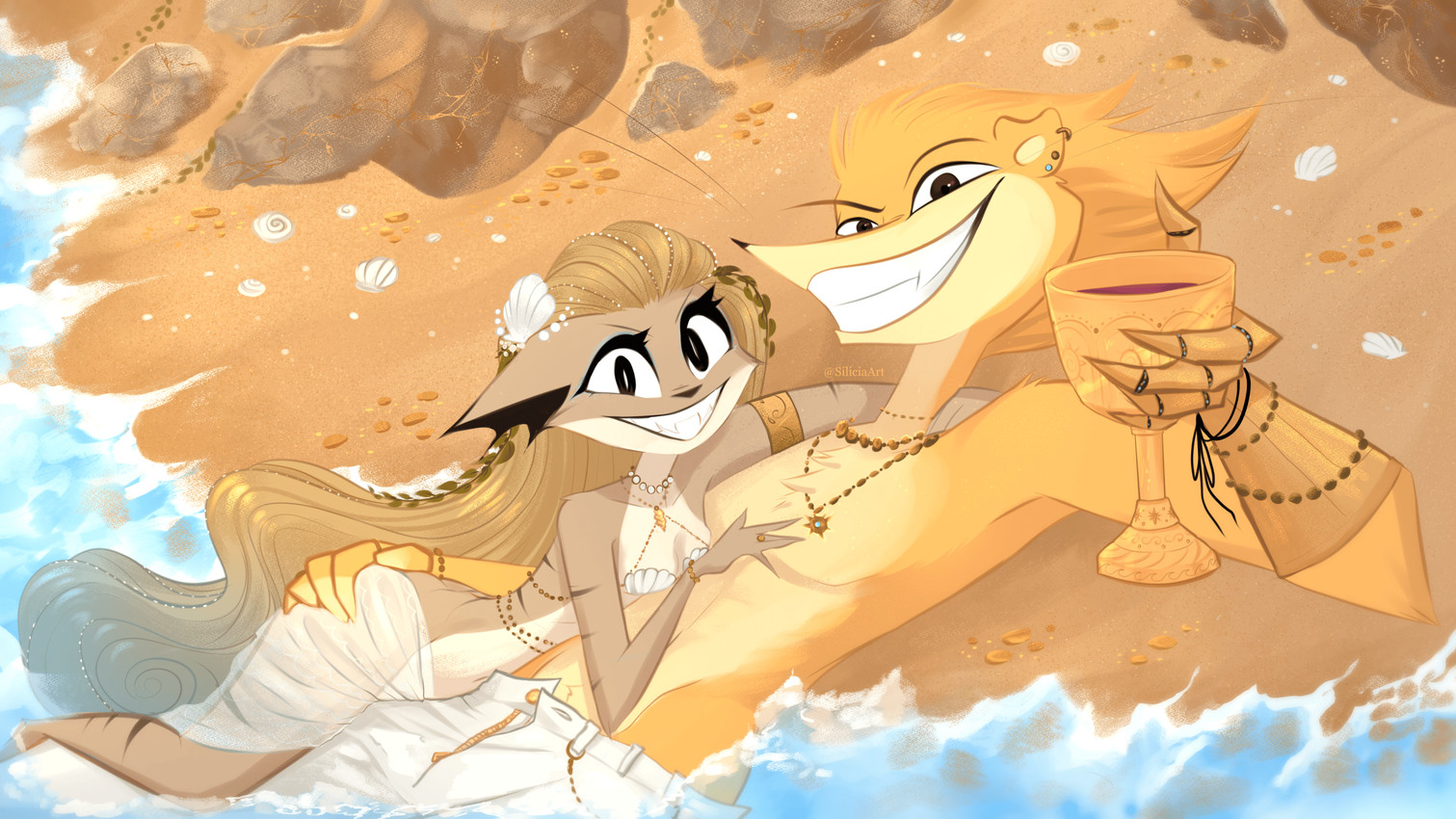 anthro armor beach bottomless bottomless_female bottomwear bra breasts casual_exposure cleavage clothed clothing container cup duo featureless_crotch female goblet handwear lying male male/female midriff navel outside partially_clothed partially_clothed_female prosthetic prosthetic_arm prosthetic_limb romantic romantic_ambiance romantic_couple sand seashell seashell_bra seashell_in_hair seaside shell skirt tail topless topless_male topwear translucent translucent_bottomwear translucent_clothing translucent_skirt translucent_veil underwear veil water siliciaart in_the_burrow allison_(siliciaart) joshua_(siliciaart) canid canine canis coyote mammal mustelid musteline 16:9 2025 hi_res widescreen