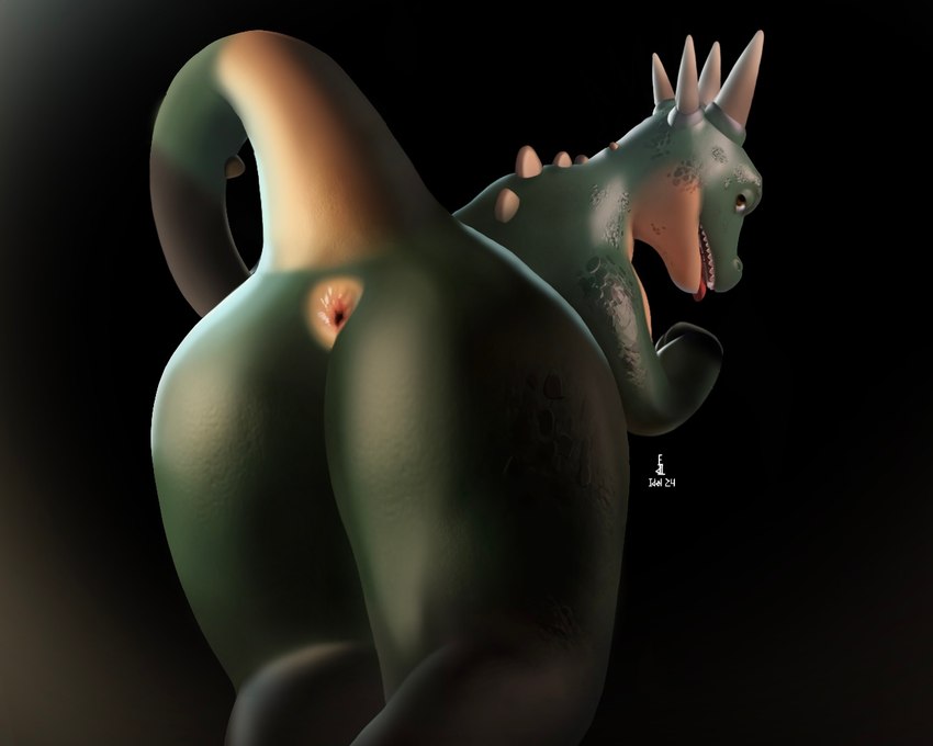 anthro anus back_spikes bent_over big_butt butt horn looking_back male scales solo spikes spikes_(anatomy) tail teeth tongue tongue_out idel kale_(critterclaws) kobold scalie 5:4