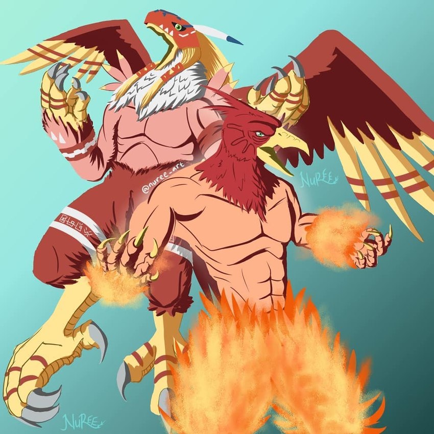 angry anthro beak biceps claws duo feathered_wings feathers fire looking_at_another male muscular muscular_male screaming simple_background wings yellow_beak nuree_art bandai_namco digimon jojo's_bizarre_adventure mythology magician's_red avian bird chicken digimon_(species) galliform gallus_(genus) garudamon gryphon mythological_avian mythological_creature phasianid 1:1