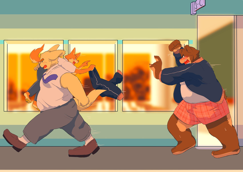 angry anthro belly blush bottomwear brown_body brown_fur carrying_another clothed clothing fully_clothed fur group kemono male necktie overweight overweight_male pants shirt topwear aru7g bear lagomorph leporid mammal rabbit 2020 hi_res