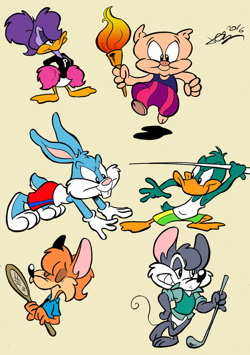 anthro bottomwear clothing female group male olympic shorts sportswear juneduck21 tiny_toon_adventures warner_brothers buster_bunny hamton_j._pig margot_mallard plucky_duck rhubella_rat roderick_rat anatid anseriform avian bird canid canine domestic_pig duck fox lagomorph leporid mammal mouse murid murine rabbit rodent suid suina sus_(pig) hi_res