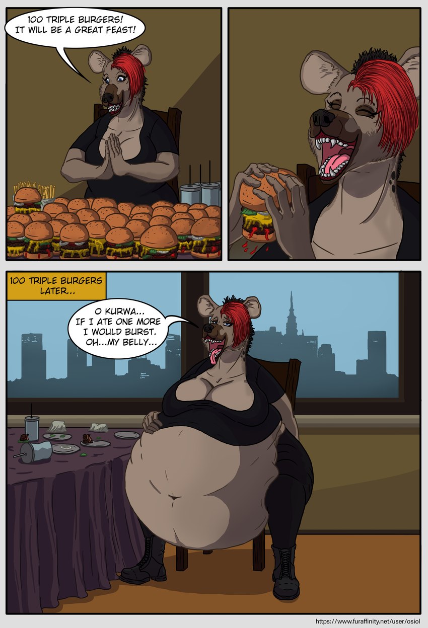 anthro belly big_belly big_breasts breasts burger burgers dialogue eating female food morbidly_obese obese obese_anthro obese_female open_mouth overweight overweight_anthro overweight_female solo stuffing text osiol hyena mammal absurd_res comic english_text hi_res url