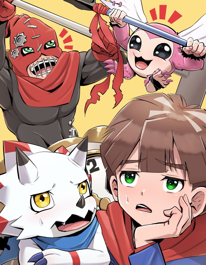 annoyed anthro brown_hair hair horn male solo white_body yellow_eyes hase_popopo bandai_namco digimon digimon_ghost_game hiro_amanokawa ceratopsian clockmon digimon_(species) dinosaur gammamon human mammal ornithischian piximon prehistoric_species reptile scalie triceratops absurd_res hi_res