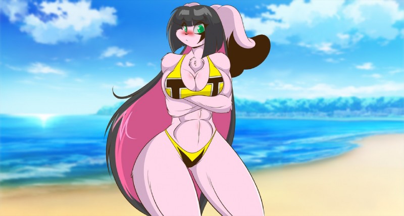 abs anthro beach big_breasts big_ears big_hair bikini black_hair black_highlights blush breasts chest_tuft cleavage clothed clothing crossed_arms curvy_figure day detailed_background facial_markings female floppy_ears fur green_eyes hair head_markings highlights_(coloring) long_ears long_hair looking_at_viewer markings midriff multicolored_body multicolored_fur multicolored_hair muscular muscular_anthro muscular_female navel outside pink_body pink_fur pink_hair sand seaside solo swimwear thick_thighs tuft two-piece_swimsuit two_tone_body two_tone_fur two_tone_hair wide_hips mastergodai rascals jazmin_usagi lagomorph leporid mammal rabbit 2018