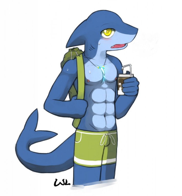 abs anthro athletic athletic_anthro athletic_male beach_bag beverage blush bodily_fluids clothed clothing food front_view jewelry male nipples open_mouth pecs pendant solo sweat swimming_trunks swimwear topless whiteleo fish marine shark hi_res signature