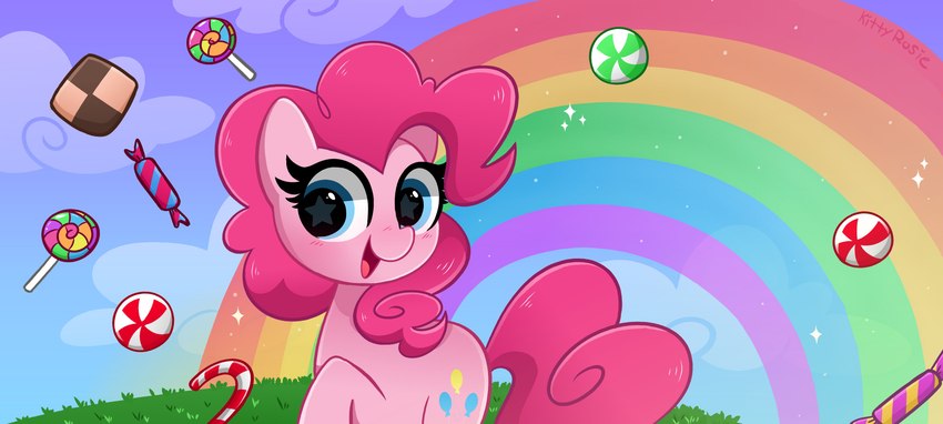 blue_eyes candy cutie_mark dessert female feral food grass hair open_mouth outside pink_body pink_hair plant quadruped rainbow solo standing tongue kittyrosie friendship_is_magic hasbro my_little_pony pinkie_pie_(mlp) earth_pony equid equine horse mammal pony 2021 absurd_res hi_res