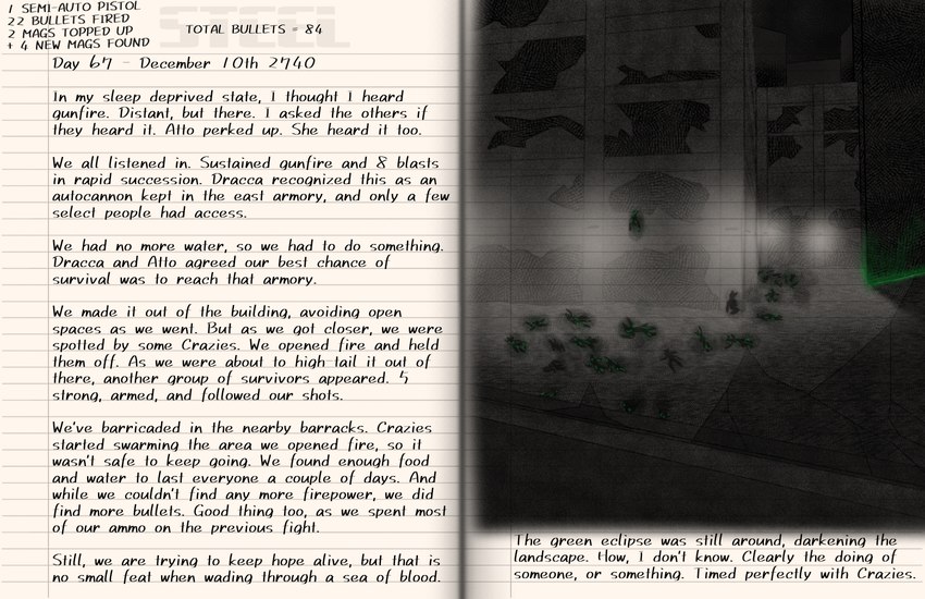 ambiguous_gender anomaly blood bodily_fluids book broken_glass corpse death desert destroyed_building destruction diary dim_lighting first_person_view glass inventory journal night paper post-apocalyptic sand survival text from_the_archives undead void_(disambiguation) english_text hi_res sketch spot_color story