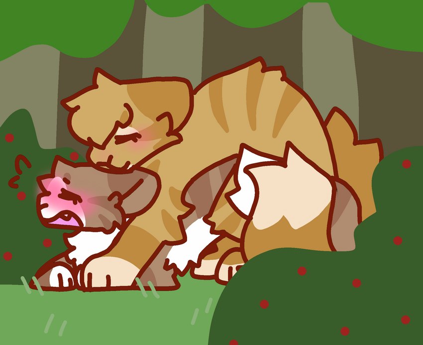 ass_up blush blushing_profusely brown_body brown_fur brown_stripes cheek_tuft chest_tuft convenient_censorship duo entwined_tails eyelashes eyes_closed facial_tuft female feral feral_on_feral fluffy fluffy_tail forest forest_background from_behind_position fur gasp hair head_tuft long_hair male male/female markings mounting nature nature_background no_shading one_eye_obstructed one_tooth open_mouth orange_body orange_fur orange_stripes paws plant sex simple_background simple_coloring smile striped_markings stripes tail tail_coil tooth_showing tree tuft white_body white_chest white_fur yew_plant spraypaintedrockk warriors_(book_series) leafpool_(warriors) mothwing_(warriors) domestic_cat felid feline felis mammal tabby_cat colored_line_art hi_res trans_(lore) trans_woman_(lore)