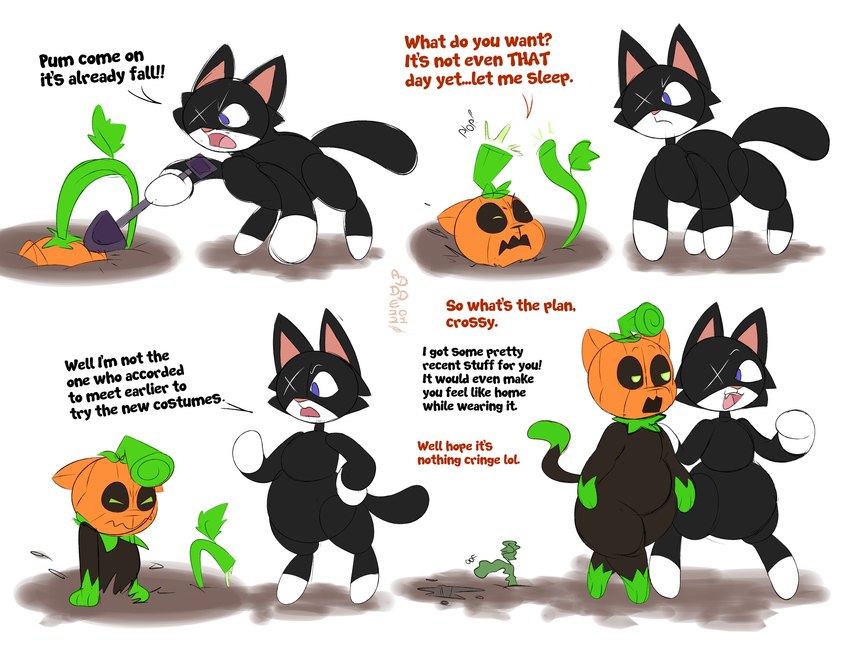 angry anthro belly big_belly black_body black_text dirt duo eye_scar facial_scar food for_a_head fruit onomatopoeia plant plop pumpkin pumpkin_head red_text scar shovel simple_background sound_effects text tools white_background addde gush_(addde) pumkat domestic_cat elemental_creature felid feline felis flora_fauna mammal object_head 2021 absurd_res artist_name colored dated digital_media_(artwork) hi_res signature watermark