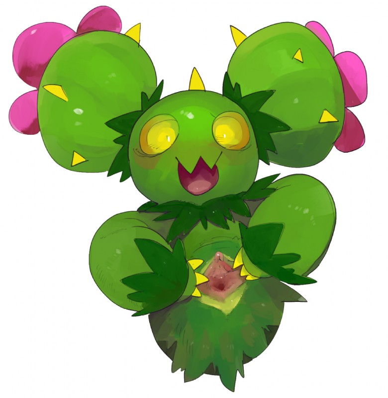 :3 blush female feral genitals plant pussy simple_background solo spread_pussy spreading white_background liteu nintendo pokemon elemental_creature flora_fauna generation_5_pokemon maractus pokemon_(species) hi_res