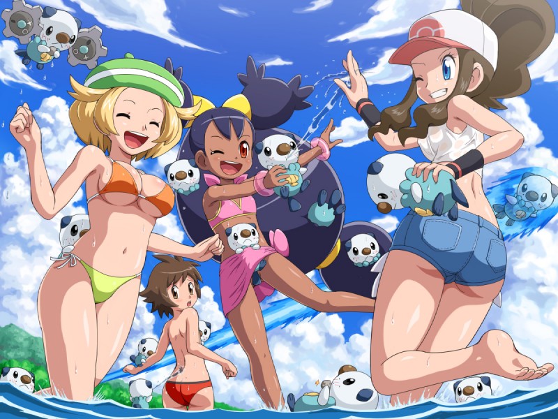 bikini blonde_hair blue_eyes blush bottomwear breasts brown_eyes brown_hair butt clothing convenient_censorship dark_body dark_skin detailed_background eyes_closed female femboy group gym_leader hair hat headgear headwear human_focus large_group male not_furry_focus one_eye_closed outside pokemon_champion purple_hair shorts swimming swimwear two-piece_swimsuit water wink pokemoa nintendo pokemon bianca_(pokemon) hilbert_(pokemon) hilda_(pokemon) iris_(pokemon) pokemon_trainer generation_5_pokemon human klink mammal oshawott pokemon_(species) 4:3