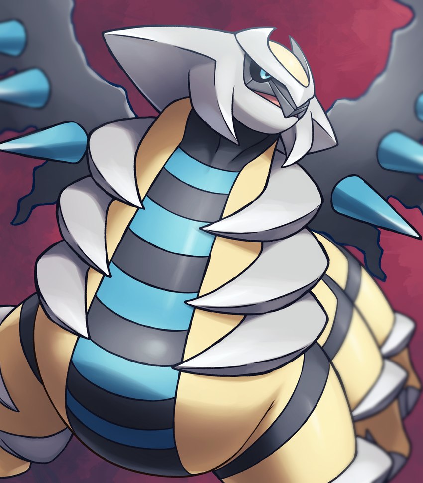 6_legs ambiguous_gender black_sclera blue_eyes claws feral horn simple_background solo wings yellow_body on_ice_(artist) nintendo pokemon altered_forme_giratina generation_4_pokemon giratina legendary_pokemon pokemon_(species) shiny_pokemon absurd_res hi_res