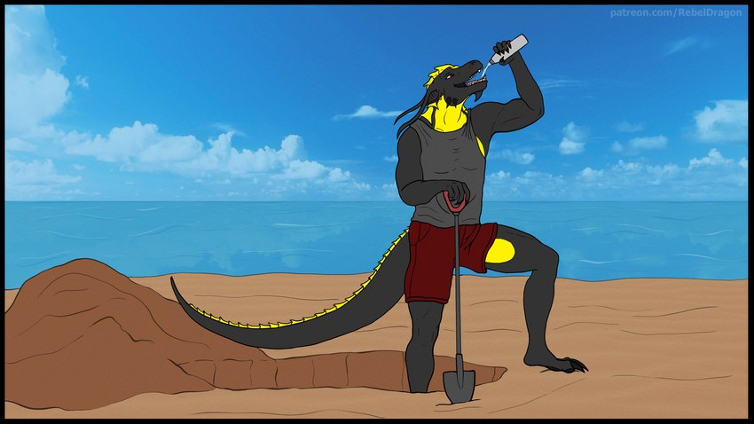 anthro beach black_body black_border black_claws black_scales blue_sky border bottle bottomwear bulge claws clothing cloud container day drinking fangs feet finger_claws flexing flexing_bicep grey_clothing grey_shirt grey_tank_top grey_topwear holding_bottle holding_container holding_object holding_shovel holding_tool hole_(pit) light long_ears looking_up male open_mouth outside pawpads paws pecs red_bottomwear red_clothing red_eyes red_shorts sand scales sea shirt shorts shovel sky sleeveless_shirt solo sunlight sunny tail tail_ridge tank_top teeth text thick_thighs toe_claws toes tongue tools topwear water water_bottle yellow_body yellow_scales rebeldragon101 mythology ernesto_(rebeldragon101) dragon mythological_creature mythological_scalie scalie 16:9 2024 full-length_portrait hi_res portrait url widescreen