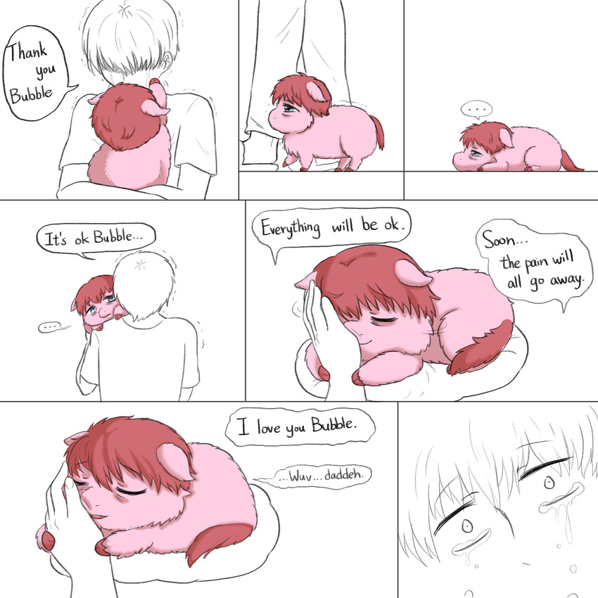 ambiguous_gender bodily_fluids clothed clothed_human clothing comforting comforting_another crying death duo dying feral fur hair hand_on_face hooves hug looking_at_another lying male male_human pillow pink_body pink_fur red_hair red_hooves red_tail sad side_view tail tears text young young_ambiguous young_feral yellowcottoncandy030 fluffy_pony fluffy_pony_(species) human mammal 1:1 2025 comic digital_media_(artwork) english_text hi_res partially_colored shaded