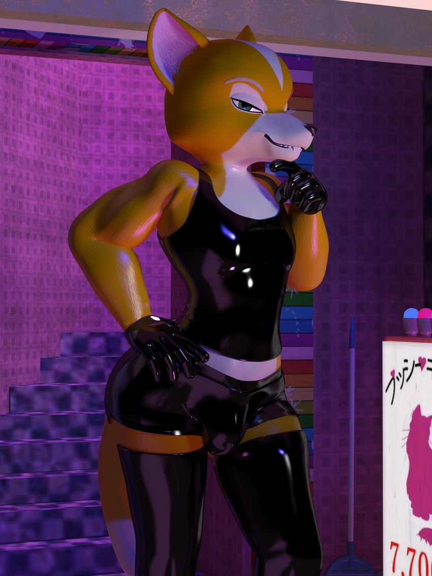 anthro bulge clothing fur latex looking_at_viewer male muscular muscular_male rubber_clothing solo standing themeshow101 nintendo star_fox fox_mccloud canid canine fox mammal 3:4 3d_(artwork) absurd_res digital_media_(artwork) hi_res