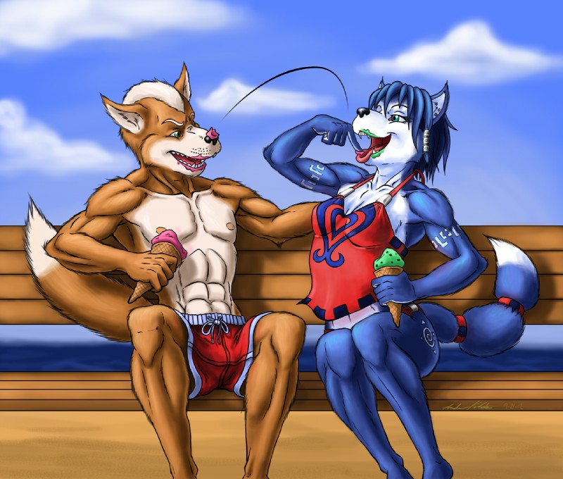 abs accessory anthro bare_shoulders beach bench black_nose blue_body blue_fur blue_hair bottomwear brown_body brown_fur cheek_tuft clothed clothing collarbone dessert dipstick_tail duo eyebrows eyelashes facial_tuft fangs female food fur green_eyes hair hair_accessory ice_cream inner_ear_fluff male male/female markings multicolored_tail nipples on_bench outside seaside short_hair shorts tail tail_markings teeth tongue tongue_out topless tuft water white_body white_fur atticuskotch nintendo star_fox krystal_(star_fox) canid canine fox mammal 2012