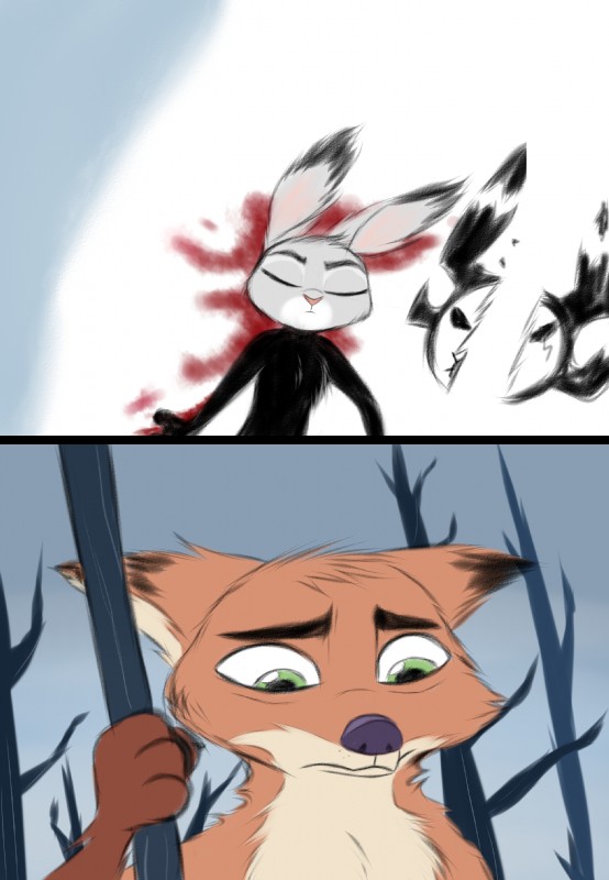 anthro blood bodily_fluids female fur green_eyes male gokhan16 disney samurai_jack zootopia ashi_(samurai_jack) judy_hopps nick_wilde samurai_jack_(character) canid canine fox lagomorph leporid mammal rabbit red_fox true_fox 2017 comic hi_res