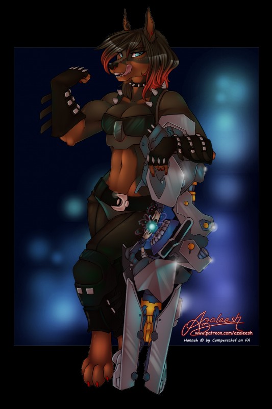 anthro barefoot biped cosplay feet female midriff navel solo spikes studs azaleesh blizzard_entertainment overwatch hannah_(camperschaf) zarya_(overwatch) canid canine canis dobermann domestic_dog mammal pinscher 2:3 alpha_channel hi_res