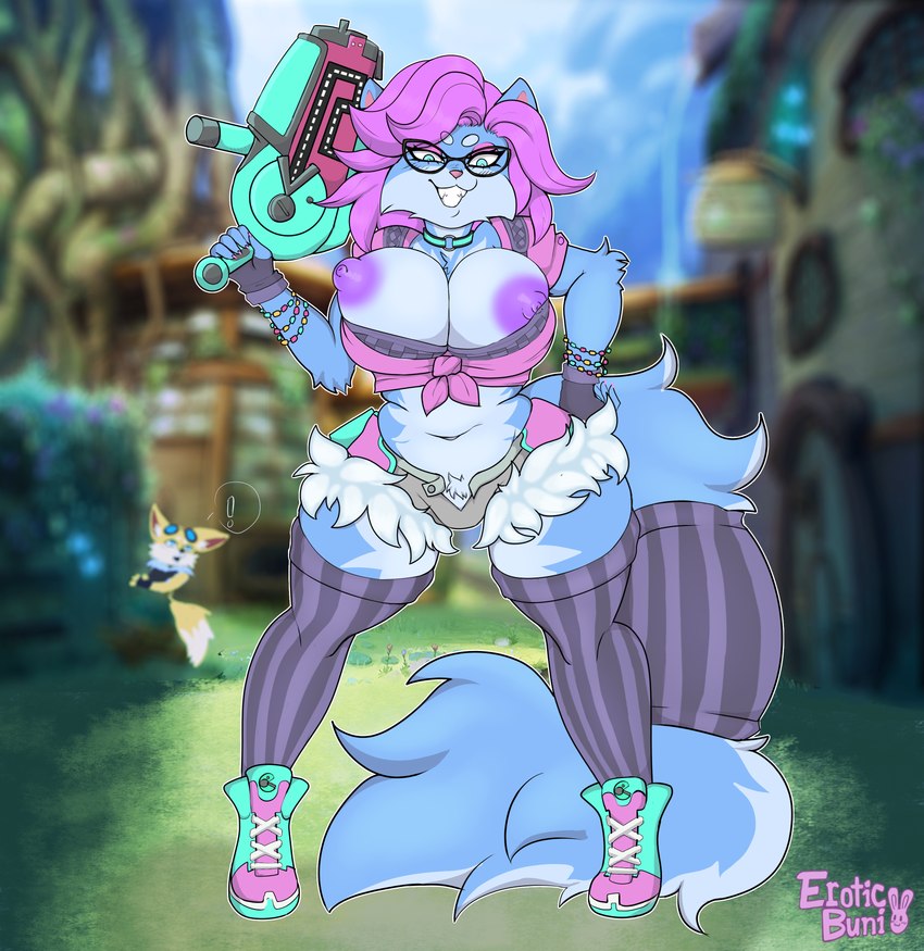 anthro belly big_breasts blue_body blue_fur blush bottomwear breast_squish breasts choker clothed clothing detailed_background exposed_breasts eyewear female fingerless_gloves footwear fur gloves goggles gun hair handwear holding_object holding_weapon huge_breasts jewelry legwear looking_at_viewer mischievous_smile necklace nipples outside pose pubes purple_hair purple_nipples ranged_weapon shoes short_stack shorts slightly_chubby smile solo squish stockings tail thick_thighs toothy_grin topwear weapon white_body white_fur eroticbuni hi-rez_studios mythology paladins_(game) pepper_(paladins) pip_(paladins) canid canine canis fennec_fox fox mammal mythological_creature true_fox absurd_res digital_media_(artwork) hi_res pinup