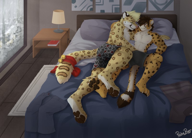 4_toes anthro bed bedroom bell blonde_hair boxers_(clothing) brown_body brown_eyes brown_fur brown_hair bulge claws clothed clothing countershading digitigrade duo eye_contact facial_hair feet fondling fur furniture goatee green_eyes hair hand_in_underwear heart_boxers heart_clothing heart_symbol heart_underwear leopard_spots looking_at_another lying lying_on_bed male male/male markings nipples on_back on_bed on_side pawpads pillow smile spots spotted_body spotted_fur toes topless underwear whiskers white_body white_fur pache_riggs skips92 therris amur_leopard cheetah felid feline leopard mammal pantherine 2019 digital_media_(artwork) hi_res