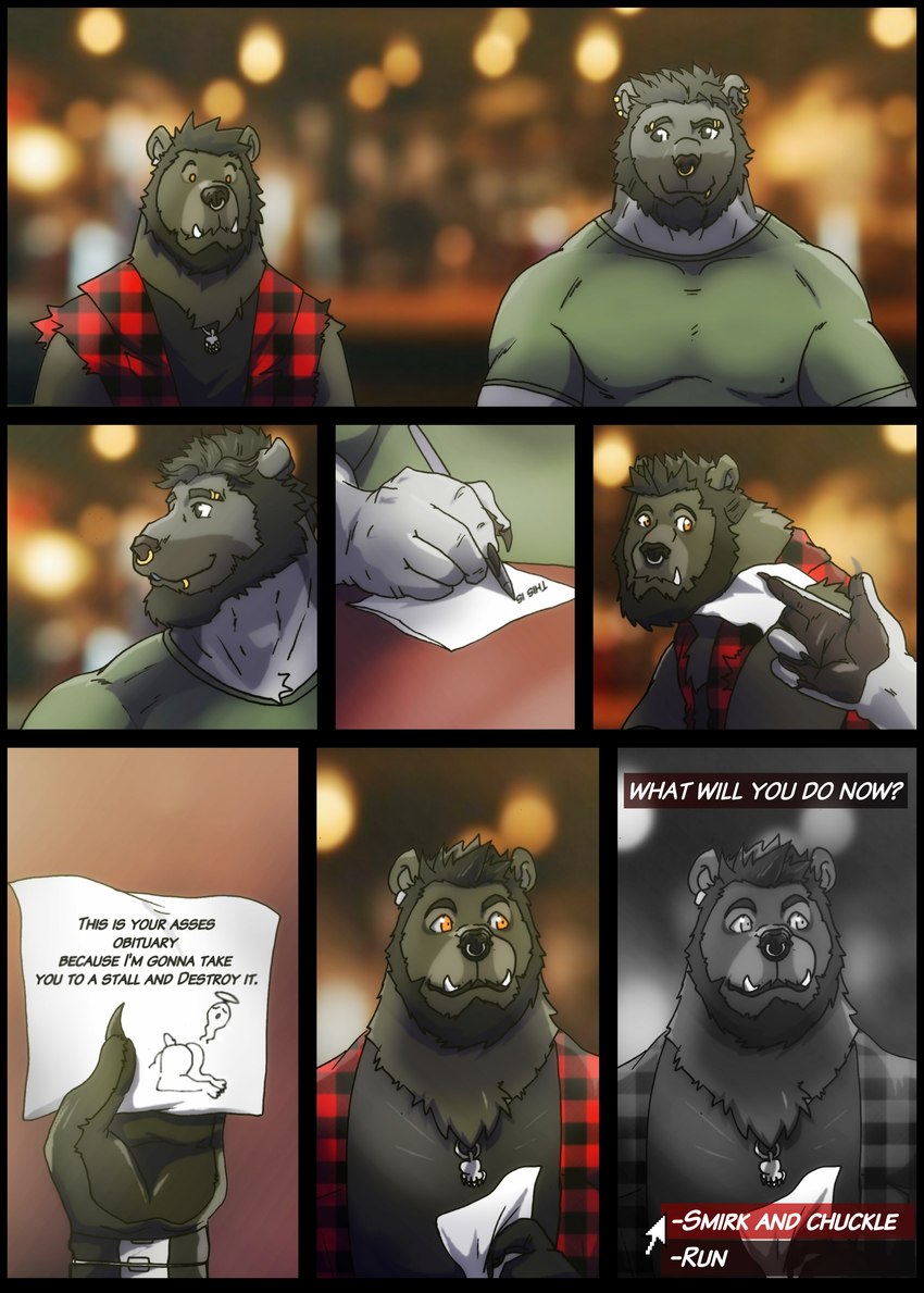 anthro anthro_on_anthro beard chest_tuft clothing comic_panel duo ear_piercing eyebrow_piercing facial_hair facial_piercing flirting gameplay_mechanics humor jewelry letter lip_piercing male male/male manly muscular necklace nose_piercing nose_ring pattern_clothing pecs pen pick-up_line piercing plaid plaid_clothing ring_piercing shirt sleeveless_shirt smile text tight_clothing tight_shirt tight_topwear topwear tuft vest yellow_eyes joaobear luccagrizzly pander_(lostpander) bear mammal 2024 absurd_res comic english_text hi_res