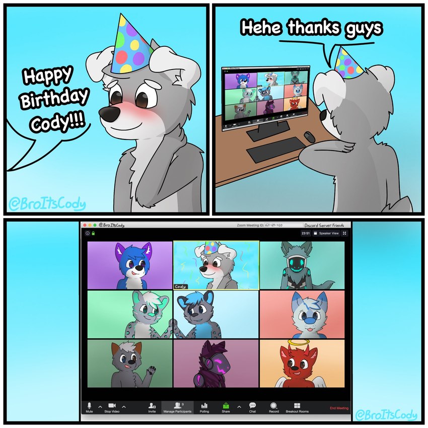 4_panel_comic anthro black_nose blep blue_body blue_ears blue_fur blue_hair blue_nose blue_tail blush border brown_eyes chest_tuft collar computer dialogue dipstick_ears ear_markings electronics floppy_ears fur grey_body grey_ears grey_fur grey_hair grey_tail hair machine male monotone_hair multicolored_body multicolored_ears multicolored_fur purple_body purple_ears purple_fur red_body red_fur solo speech_bubble tail text tongue tongue_out tuft two_tone_body two_tone_ears two_tone_fur two_tone_tail white_body white_border white_ears white_fur white_tail wings broitscody cody_(broitscody) logan_(broitslogan) canid canine canis domestic_dog felid husky mammal nordic_sled_dog pantherine protogen snow_leopard spitz wolf 1:1 2021 english_text hi_res multiple_images watermark