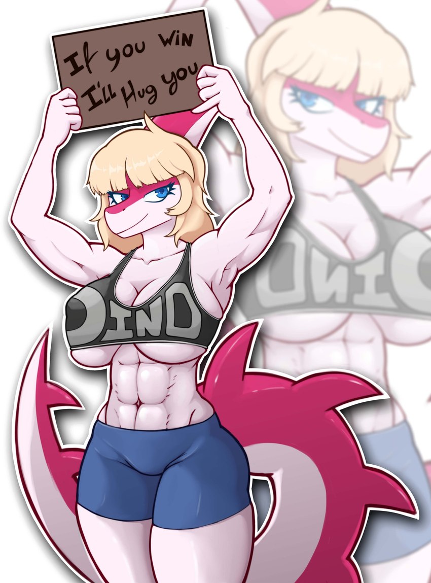 abs abstract_background anthro big_breasts big_tail blonde_hair blue_eyes bottomwear breast_squish breasts clothing crop_top curvy_figure eyelashes female fingers hair holding_object holding_sign long_hair long_tail looking_at_viewer magenta_body magenta_scales multicolored_body multicolored_scales muscular muscular_anthro muscular_female navel pink_body pink_scales scales shirt shorts sign smile snout solo spiked_tail spikes spikes_(anatomy) squish tail text thick_thighs topwear two_tone_body two_tone_scales under_boob wild_thunder06 cavemanon_studios i_wani_hug_that_gator mia_moretti dinosaur hadrosaurid ornithischian ornithopod parasaurolophus prehistoric_species reptile scalie 2024 absurd_res digital_drawing_(artwork) digital_media_(artwork) english_text hi_res