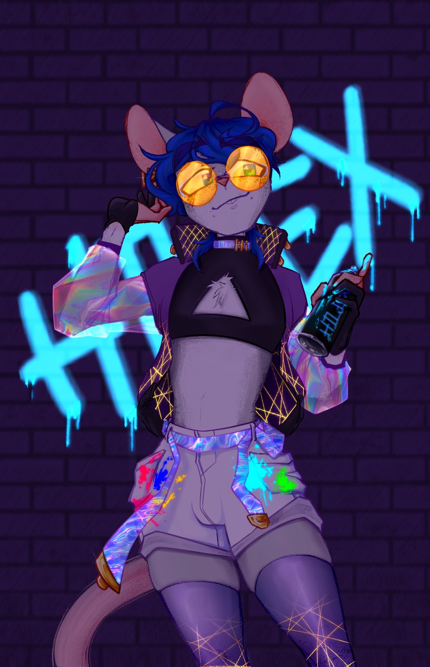 anthro blue_hair bottomwear clothed clothing eyewear femboy fur glasses grey_body grey_fur hair legwear male neon night paint shorts simple_background solo spray_paint stockings topless topless_male yellow_eyewear yellow_glasses hilex mammal murid murine rat rodent hi_res