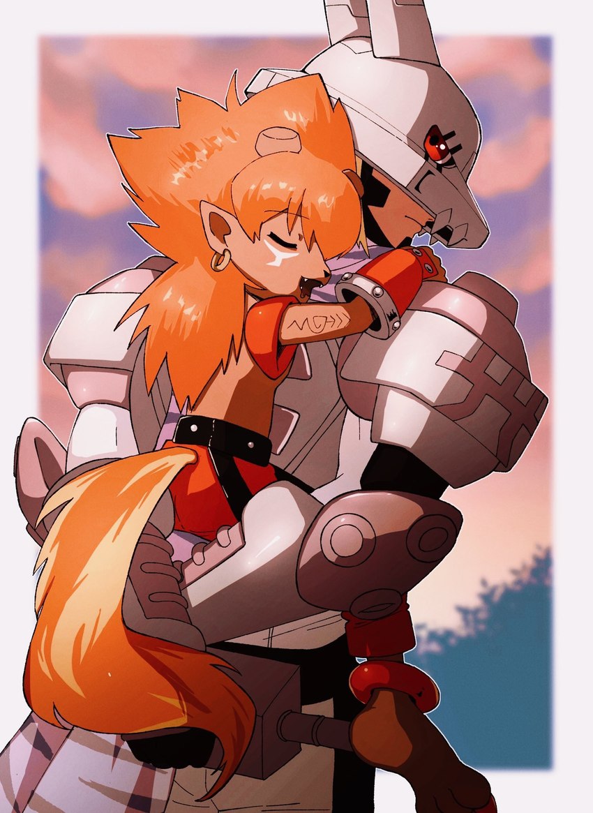 anthro armor carrying_another duo hair long_hair male piggyback red_hair scarf sleeping takedaconomi2 bandai_namco digimon digimon_frontier digimon_(species) flamemon humanoid lobomon hi_res